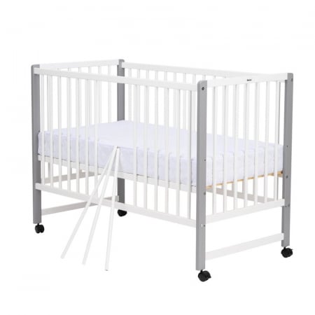 Patut din lemn,120x60 cm, Din lemn de pin si mdf, Stabil si rezistent, Inaltime saltea reglabila pe 3 nivele, Laterala cu 3 bete detasabile, EN716-1, EN716-2, Alb, Qmini, Maya + Saltea 10 cm [2]