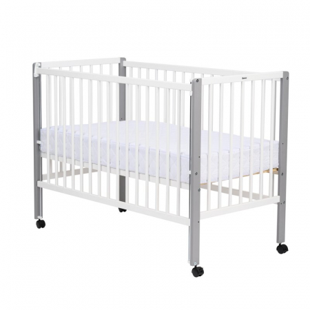 Patut din lemn bebe, 120x60 cm, Cu laterala culisanta, Din lemn de pin si mdf, Stabil si rezistent, Inaltime saltea reglabila pe 3 nivele, Laterala cu 3 bete detasabile, EN716-1, EN716-2, Alb, Qmini,  [7]