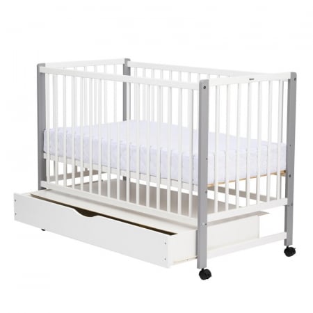 Patut din lemn bebe, 120x60 cm, Cu sertar cu capac, Din lemn de pin si mdf, Stabil si rezistent, Inaltime saltea reglabila pe 3 nivele, Laterala cu 3 bete detasabile, EN716-1, EN716-2, Alb, Qmini, May [11]