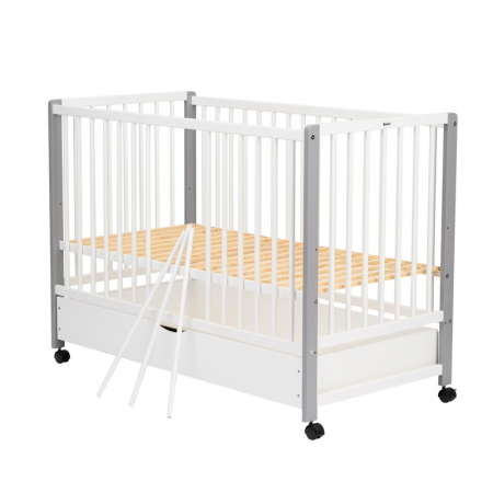 Patut din lemn bebe, 120x60 cm, Cu sertar cu capac, Din lemn de pin si mdf, Stabil si rezistent, Inaltime saltea reglabila pe 3 nivele, Laterala cu 3 bete detasabile, EN716-1, EN716-2, Alb, Qmini, May [11]