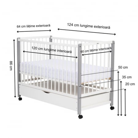 Patut din lemn bebe, 120x60 cm, Cu sertar cu capac, Din lemn de pin si mdf, Stabil si rezistent, Inaltime saltea reglabila pe 3 nivele, Laterala cu 3 bete detasabile, EN716-1, EN716-2, Alb, Qmini, May [4]