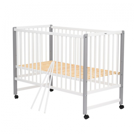 Patut din lemn bebe, 120x60 cm, Din lemn de pin si mdf, Stabil si rezistent, Inaltime saltea reglabila pe 3 nivele, Laterala cu 3 bete detasabile, EN716-1, EN716-2, Alb, Qmini, Maya + Saltea 8 cm [2]