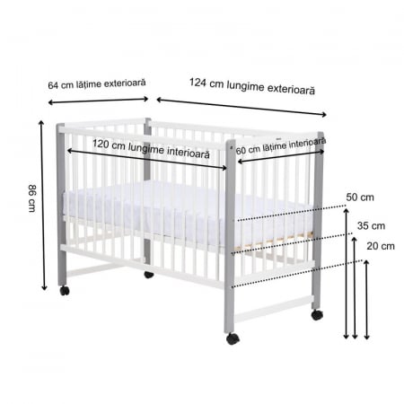 Patut din lemn bebe, 120x60 cm, Din lemn de pin si mdf, Stabil si rezistent, Inaltime saltea reglabila pe 3 nivele, Laterala cu 3 bete detasabile, EN716-1, EN716-2, Alb, Qmini, Maya + Saltea 12 cm [4]