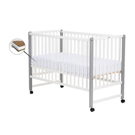 Patut din lemn bebe, 120x60 cm, Din lemn de pin si mdf, Stabil si rezistent, Inaltime saltea reglabila pe 3 nivele, Laterala cu 3 bete detasabile, EN716-1, EN716-2, Alb, Qmini, Maya + Saltea 8 cm [1]