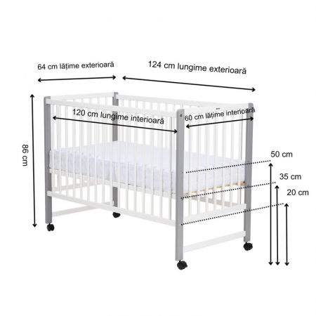 Patut din lemn bebe, 120x60 cm, Din lemn de pin si mdf, Stabil si rezistent, Inaltime saltea reglabila pe 3 nivele, Laterala cu 3 bete detasabile, EN716-1, EN716-2, Alb, Qmini, Maya + Saltea 8 cm [4]