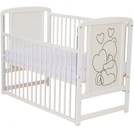 Patut din lemn cu roti Timmi Heart 120x60 cm, Cu laterala culisanta si saltea de 12 cm , alb [3]