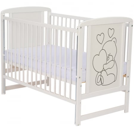 Patut din lemn cu roti Timmi Heart 120x60 cm, Cu laterala culisanta si saltea de 12 cm , alb [4]