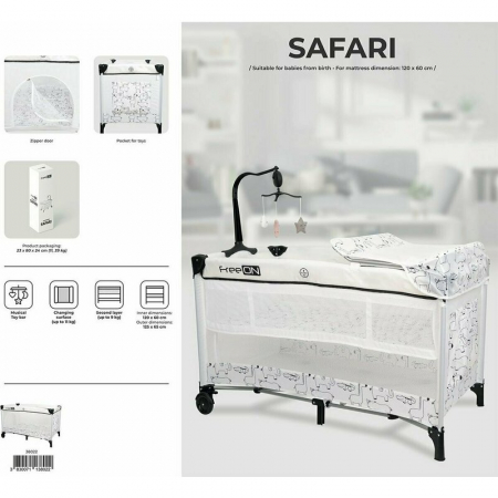 Patut pliant cu doua nivele, Safari, 120x60 cm, Cu carusel cu 3 jucarii, Masuta de infasat, alb cu negru [9]