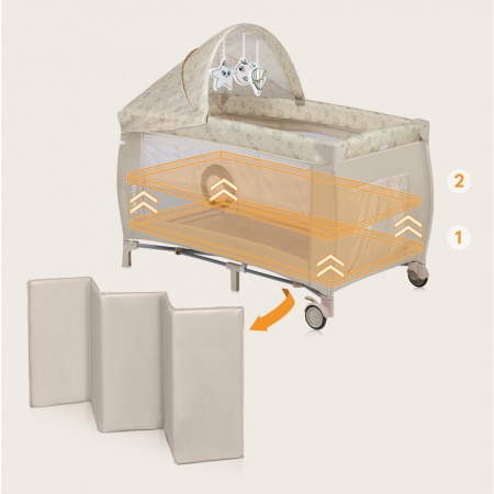 Patut pliant, Lionelo, Sven Plus, 120x60 cm, Cu doua nivele, Cu arcada jucarii, masuta de infasat, vibratii, melodii, conform cu standardele europeane de securitate EN716 si EN12221, Bej Latte [7]