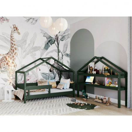 Patut tip casuta 160x80 cm din lemn certificat FSC, Transformabil in casuta de joaca, Verde [6]