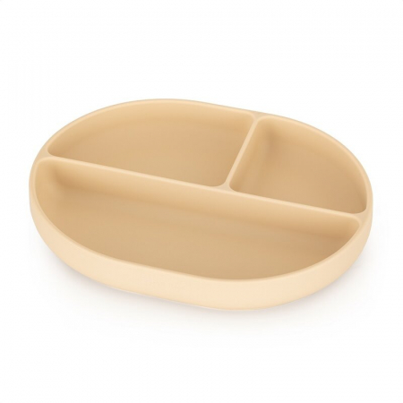 Cani , farfurii , tacamuri - Petite&Mars - Farfurie compartimentata Take&Match, Ovala, Cu ventuza si 3 compartimente, Silicon, Fara BPA, 630 ml, 6 luni+, Bej