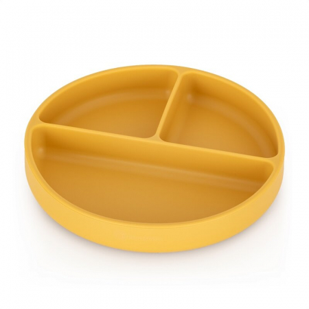 Cani , farfurii , tacamuri - Petite&Mars - Farfurie compartimentata Take&Match, Rotunda, Cu ventuza si 3 compartimente, Silicon, Fara BPA, 500 ml, 6 luni+, Galben