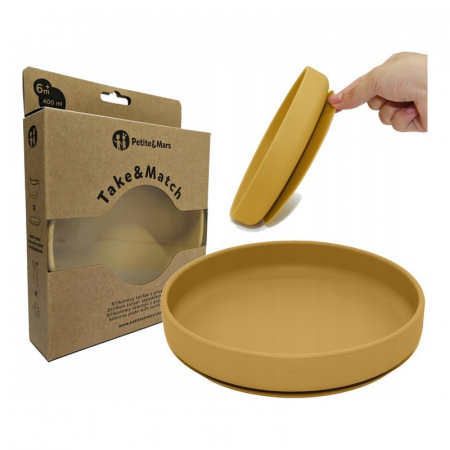 Cani , farfurii , tacamuri - Petite&Mars - Farfurie din silicon fara BPA, Cu ventuza, TAKE&MATCH, 6 luni+, 400 ml, Ocru