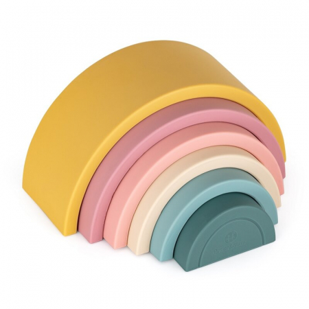 Jucarii Educative Copii - Petite&Mars - Jucarie pentru stivuire, Curcubeu, 14x7.5x5 cm, Silicon, Fara BPA, 6 piese, 12 luni+, Galben