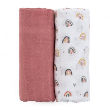 Petite&Mars - Set 2 scutece din muselina de bambus Misty Rose Rainbow, Hipoalergenice, Dimensiuni mari 120 x 120 cm, Certificate Oeko Tex Standard 100, Multicolor [1]