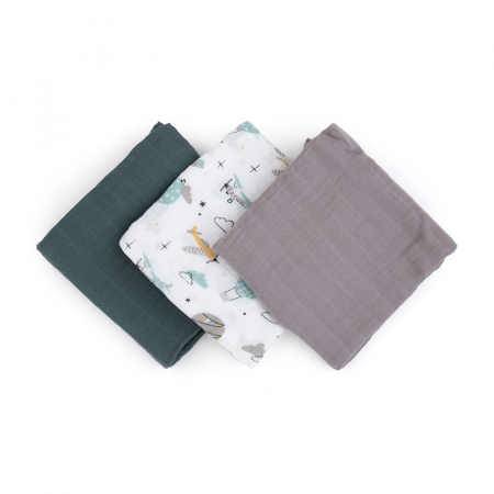 Curat si sanatos - Petite&Mars - Set 3 scutece din muselina de bambus Moussy Grey Planes, Hipoalergenice, 68 x 68 cm, Certificate Oeko Tex Standard 100, Multicolor