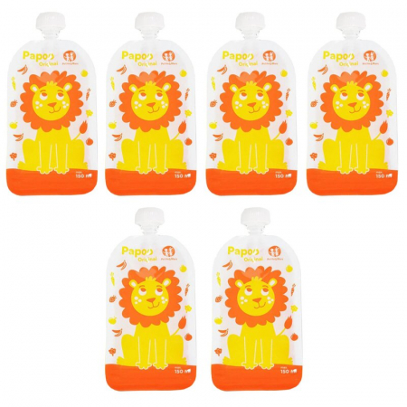 Caserole hrana bebelusi - Petite&Mars - Set 6 pungi reutilizabile pentru hranire cu leuti, Inchidere ermetica, 20x10 cm, 150 ml, Papoo Portocaliu
