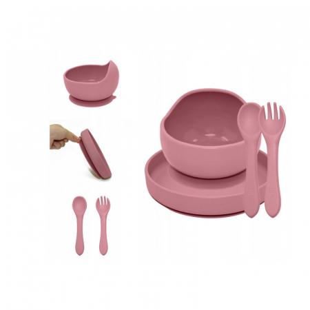 Cani , farfurii , tacamuri - Petite&Mars - Set de hranire, Cu farfurie, Bol si tacamuri, Din silicon fara BFA, Roz