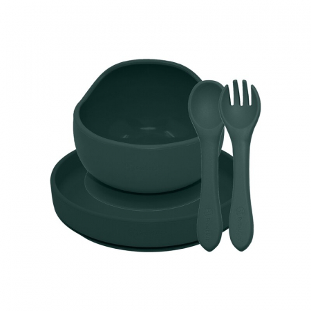 Petite&Mars - Set de hranire, Cu farfurie, Bol si tacamuri, Din silicon fara BFA, Verde inchis [1]