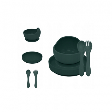 Cani , farfurii , tacamuri - Petite&Mars - Set de hranire, Cu farfurie, Bol si tacamuri, Din silicon fara BFA, Verde inchis