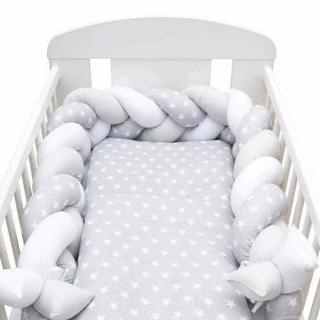Protectie laterala pentru patut 120x60cm , Tip Bumper impletit, Din bumbac, Stars grey/white [5]