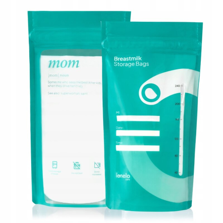 Suzete si accesorii - Pungi pentru stocare lapte, Lionelo, 30 buc, Fara BPA, 240 ml, Gradate, Rezistente la congelare si incalzire pana la 70 grade, Transparent/ Multicolor