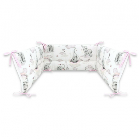 Lenjerii, baldachine, aparatoare - Aparatoare pentru patut 120X60 cm, Din bumbac, 180x30 cm, Cu panglici, Elephants on Rainbow Pink