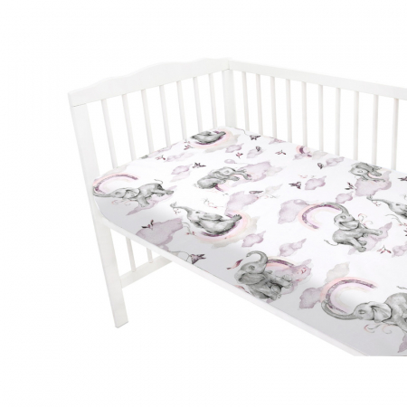 Cearceaf cu elastic pentru patut 120x60 cm, Din bumbac , Elephants on Rainbow Pink [1]