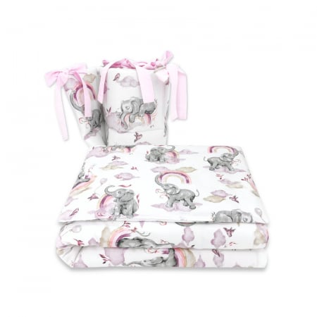 Lenjerii, baldachine, aparatoare - Qmini - Lenjerie patut 3 piese, Cu protectie laterala, Din bumbac certificat Oeko Tex Standard 100, Pentru patut 120x60 cm, Elephants on Rainbow Pink