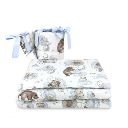 Lenjerii, baldachine, aparatoare - Qmini - Lenjerie patut 3 piese, Cu protectie laterala, Din bumbac certificat Oeko Tex Standard 100, Pentru patut 120x60 cm, Teddy Bear and Friends Blue