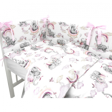 Qmini - Lenjerie patut 3 piese, Cu protectie laterala, Din bumbac certificat Oeko Tex Standard 100, Pentru patut 140x70 cm, Elephants on Rainbow Pink [1]