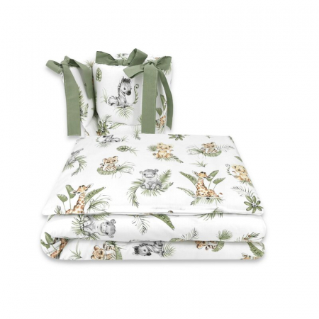 Lenjerii, baldachine, aparatoare - Qmini - Lenjerie patut 3 piese, Cu protectie laterala, Din bumbac certificat Oeko Tex Standard 100, Pentru patut 140x70 cm, Safari