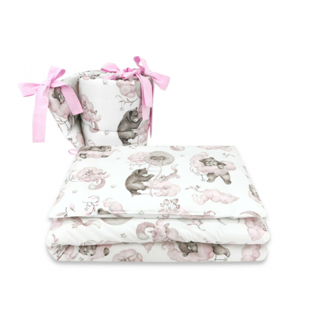Lenjerii, baldachine, aparatoare - Qmini - Lenjerie patut 3 piese, Cu protectie laterala, Din bumbac certificat Oeko Tex Standard 100, Pentru patut 140x70 cm, Teddy Bear and Friends Pink