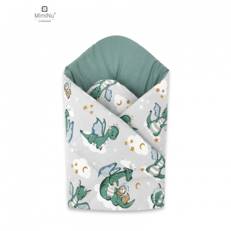 Lenjerii, baldachine, aparatoare - Qmini - Paturica de infasat cu doua fete, Cu multiple utilizari, Cu inchidere arici velcro, Dimensiune 75x75 cm, Din bumbac certificat Oeko Tex Standard 100, Dragons Gray