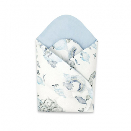 Lenjerii, baldachine, aparatoare - Qmini - Paturica de infasat cu doua fete, Cu multiple utilizari, Cu inchidere arici velcro, Dimensiune 75x75 cm, Din bumbac certificat Oeko Tex Standard 100, Elephants on Rainbow Blue