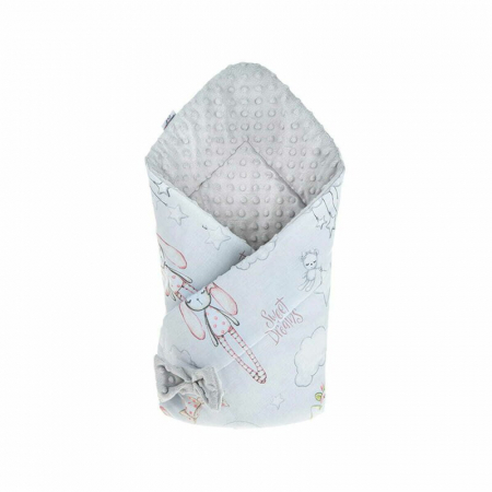 Saltele si accesorii infasat - Qmini - Paturica de infasat cu fata dubla Minky Wrap, Nou-nascut, Din Bumbac, 80x80 cm, Rabbit Night