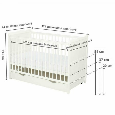 Qmini - Patut din lemn Julia 120x60 cm, multifunctional, cu sertar, Cu sina speciala pentru dentitie, EN716-1, EN716-2, Alb + Saltea 8 cm [3]