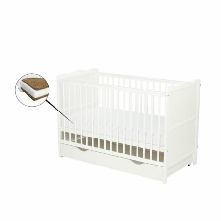 Qmini - Patut din lemn Julia 120x60 cm, multifunctional, cu sertar, Cu sina speciala pentru dentitie, EN716-1, EN716-2, Alb + Saltea 8 cm [2]