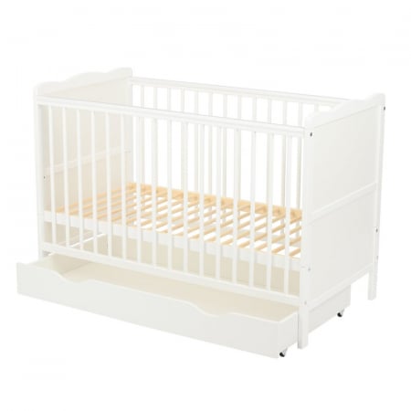 Qmini - Patut din lemn Julia 120x60 cm, multifunctional, cu sertar, Cu sina speciala pentru dentitie, EN716-1, EN716-2, Alb + Saltea 8 cm [7]