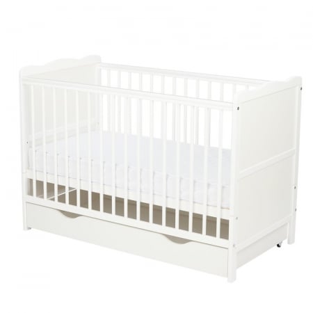 Qmini - Patut din lemn Julia 120x60 cm, multifunctional, cu sertar, Cu sina speciala pentru dentitie, EN716-1, EN716-2, Alb + Saltea 8 cm [4]