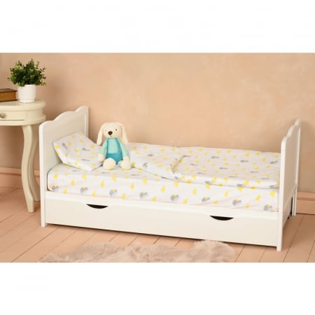 Qmini - Patut din lemn Julia 120x60 cm, multifunctional, cu sertar, Cu sina speciala pentru dentitie, EN716-1, EN716-2, Alb + Saltea 8 cm [5]