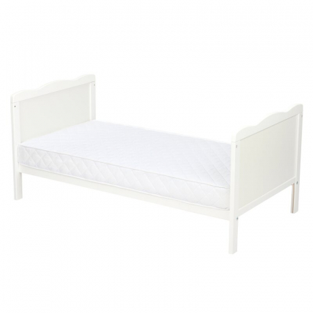 Qmini - Patut din lemn Julia 120x60 cm, multifunctional, Cu sina speciala pentru dentitie, EN716-1, EN716-2, Alb + Saltea 10 cm [8]