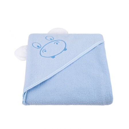 Prosoape si halate - Qmini - Prosop cu gluga cu urechi, Din bumbac, Dimensiune mare 80x80 cm, Blue Hippo