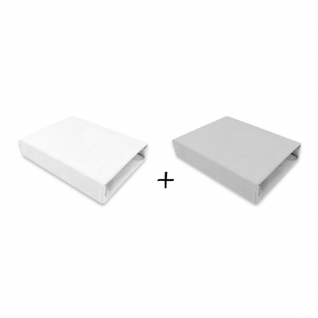 Lenjerii, baldachine, aparatoare - Qmini - Set 2 cearceafuri cu elastic pentru patut leagan sau patut co-sleeper, 90x50 cm, Din bumbac, Material certificat Oeko Tex Standard 100, White and Grey