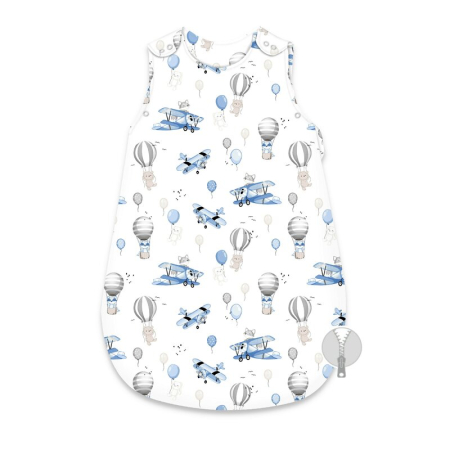 Saci de dormit copii - Sac de dormit, MimiNu, Pentru bebelusi, De iarna, Din bumbac certificat Oeko Tex Standard 100, Cu fermoar lateral, Cu capse pe umar, 74 cm, 0 - 6 luni, 2.5 Tog, Blue Plane