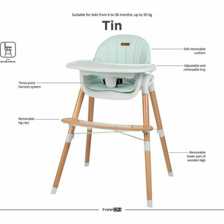 Scaun de masa 2 in 1 reglabil, Tin, Cu tavita si husa detasabile, Suport pentru picioare reglabil, Conform cu standardul european de securitate EN 14988:2017+A1:2020, FreeON, Light Green [17]