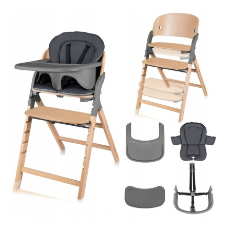 Scaun de masa multifunctional Megan, Lionelo, Din lemn de fag, 6 luni- adult, Reglabil pe inaltime, Husa impermeabila, Tavita silicon, Suport de picioare reglabil, Greutate maxima 110 Kg, Gri [1]