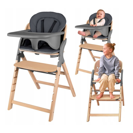 Scaun de masa multifunctional Megan, Lionelo, Din lemn de fag, 6 luni- adult, Reglabil pe inaltime, Husa impermeabila, Tavita silicon, Suport de picioare reglabil, Greutate maxima 110 Kg, Gri [2]