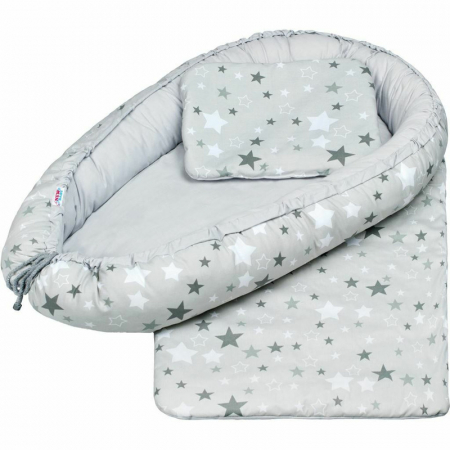 Set 3 piese, cosulet Baby Nest 60x30 cm, Cu paturica si pernuta, New Baby, White/Grey stars [2]