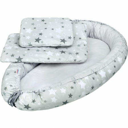 Cosuri de dormit - Set 3 piese, cosulet Baby Nest 60x30 cm, Cu paturica si pernuta, New Baby, White/Grey stars